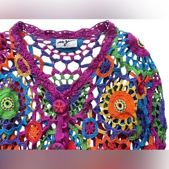 90's Vintage Colorful Grandma Crochet Long Sleeve Sweater - Picture 3 of 5
